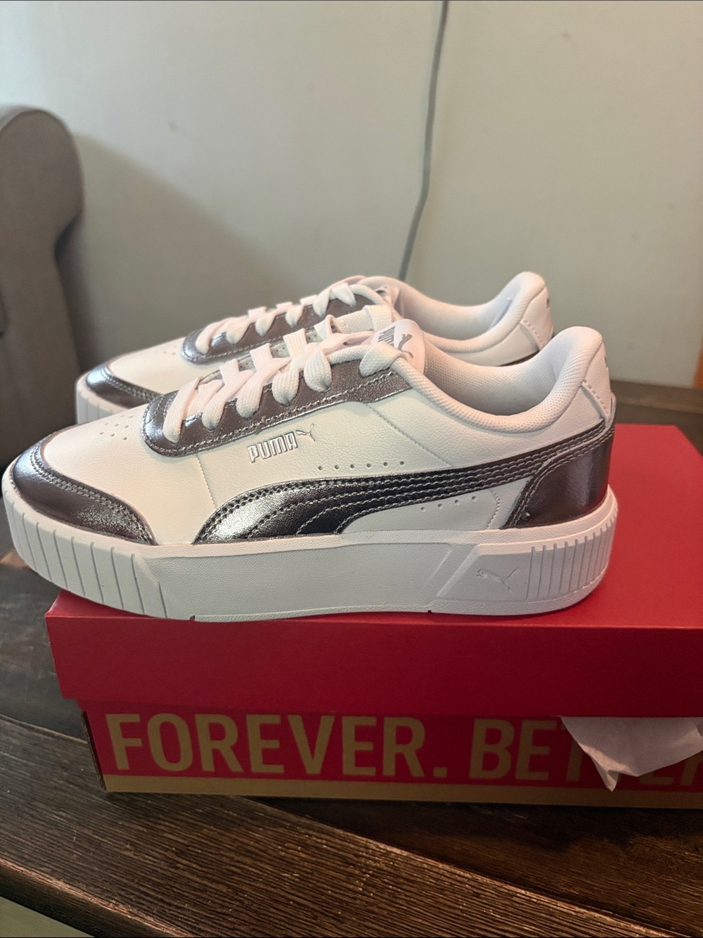 Puma White Sneakers with Metallic Silver Accents